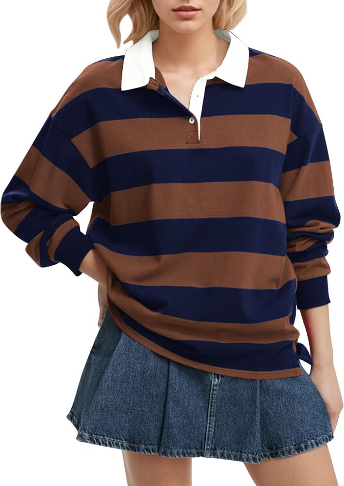 Meladyan Rugby Shirt Women Polo Striped Sweatshirt Oversized Long Sleeve Lapel V Neck Pullover To... | Amazon (US)
