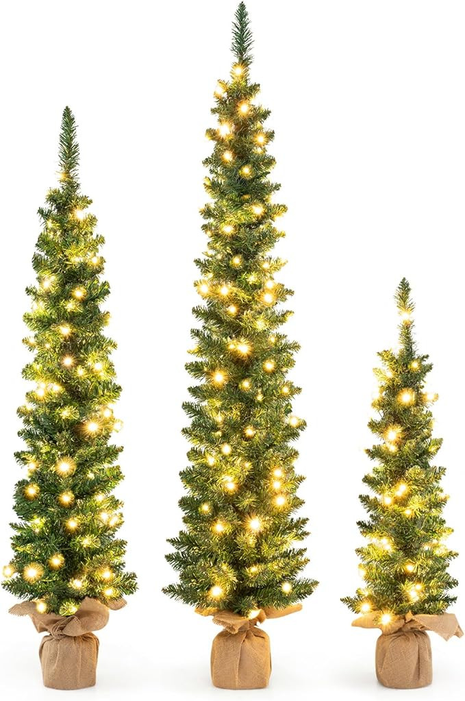 GOFLAME Set of 3 Pre-Lit Christmas Trees, Pencil Artificial Christmas Trees 3Ft, 4Ft and 5Ft with... | Amazon (US)