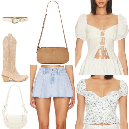 Country concert outfit, stagecoach, Coachella, festival outfit, white belt, brown cowgirl boots, cowboy boots, white shoulder bag, brown shoulder bag, jean skirt, pleated skirt, mini skirt, bustier top, white top, spring outfit  

#LTKitbag #LTKshoecrush #LTKFestival