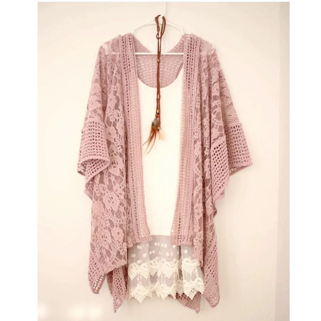 Kimono, Crochet Knit Lace Dusty Pink Boho Women Kimono Cardigan | Etsy (US)