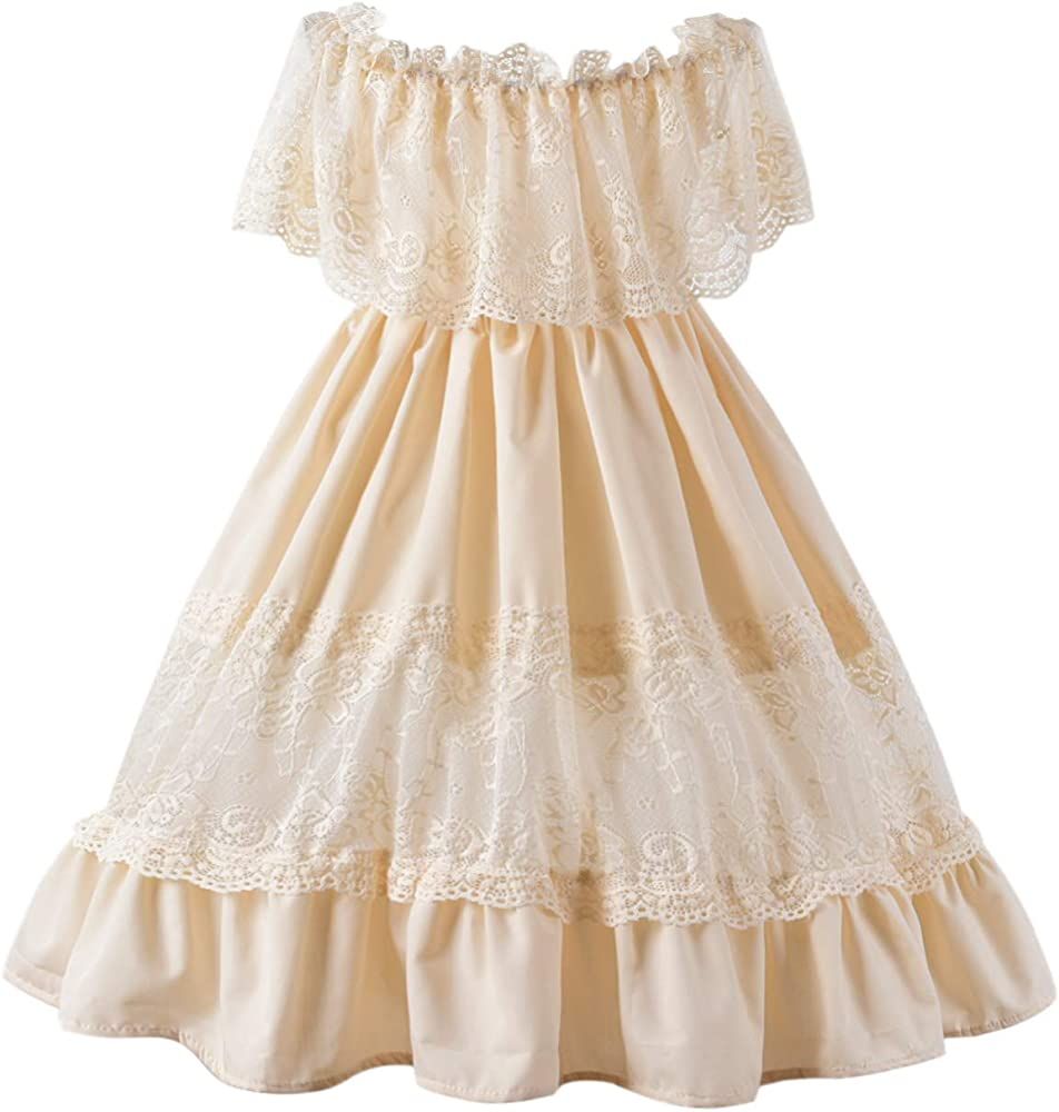 Amazon.com: fioukiay Toddler Girl-Wedding-Princess-Maxi-Dress Boho Off Shoulder Lace Ruffle Dress... | Amazon (US)