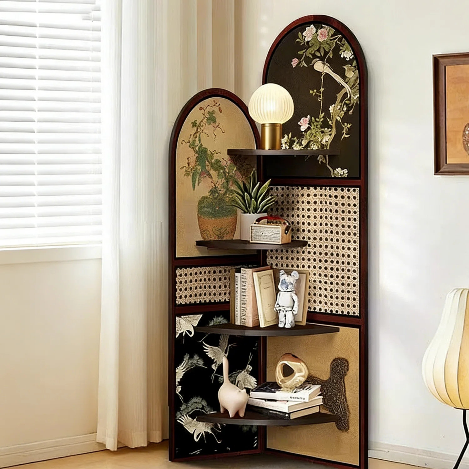 Wood & Rattan Corner Shelf with Floral Art Panels, Vintage-Inspired Tiered Display Cabinet for Li... | Wayfair North America