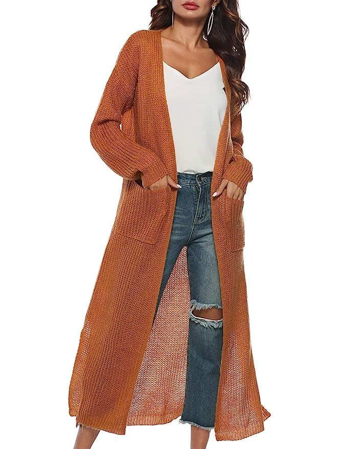 Womens Casual Long Sleeve Split Open Cardigan Knit Long Cardigan Sweaters with Pockets | Amazon (US)