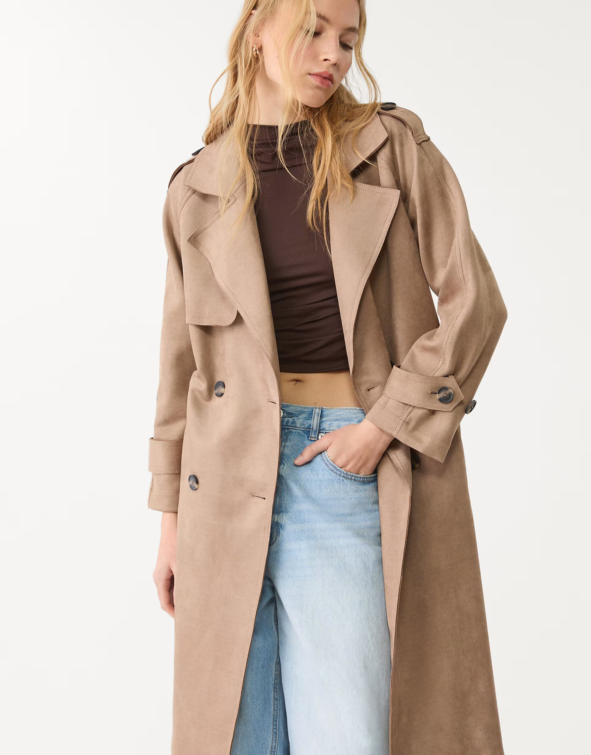 Stradivarius faux suede trench coat in caramel | ASOS (Global)