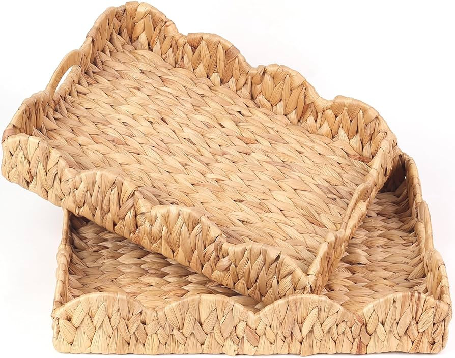 2Pcs - Scalloped Basket, Decorative Basket, Water Hyacinth Tray (17 x 13 x 3 inch - 2Pcs) with Sc... | Amazon (US)