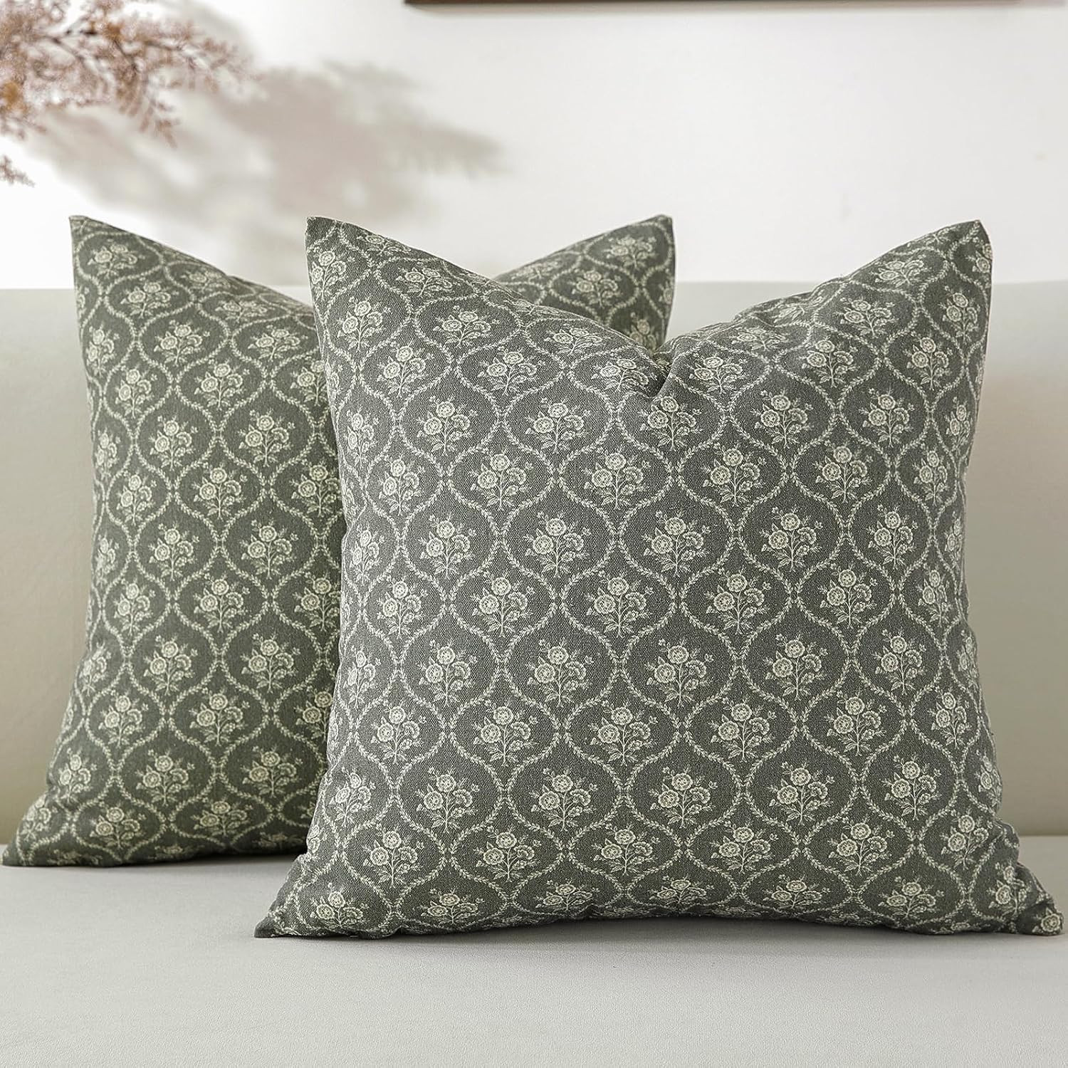 Vintage Floral Print Throw Pillow Covers 22x22 Set of 2, Olive Green | Amazon (US)