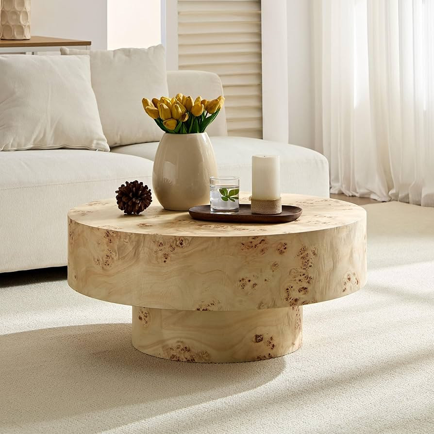 Round Coffee Table, 31.49" Modern Burl Wood Veneer Coffee Table with Pedestal, Circular Center Ta... | Amazon (US)