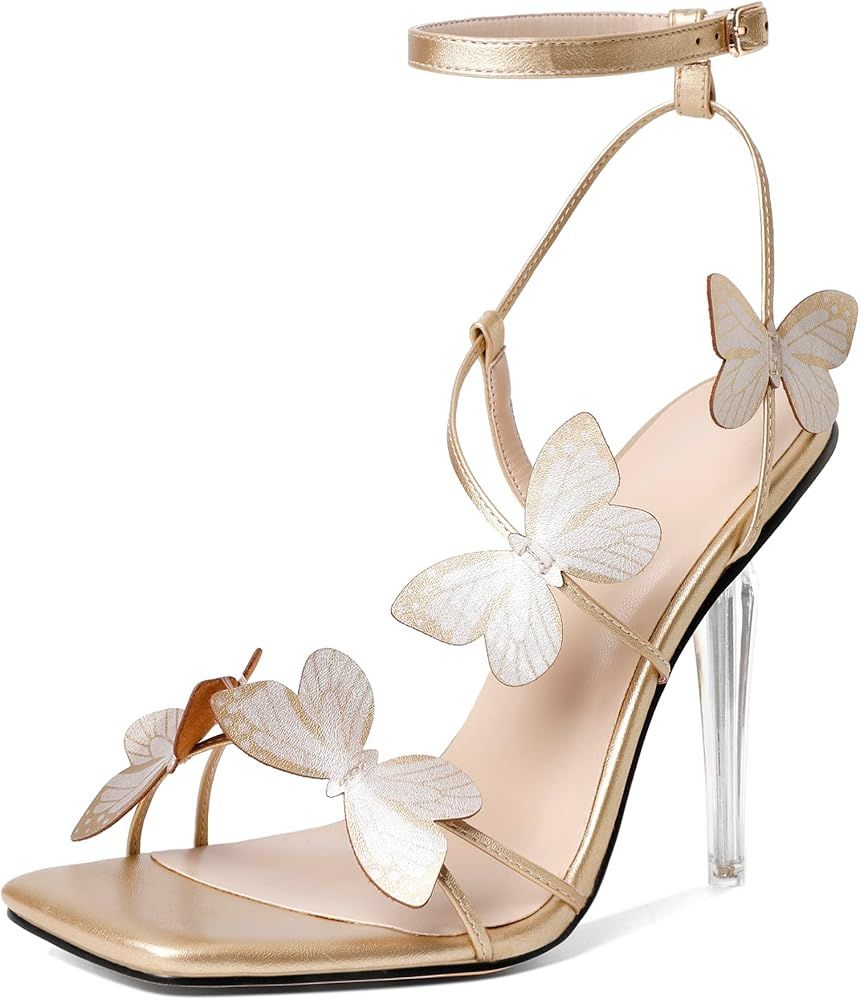 Open Toe Ankle Strap High Heels for Women, Square Toe Butterfly Heeled Sandals, Strappy Clear Sti... | Amazon (US)