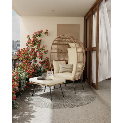 Oversize Wicker Egg Chair with Ottoman, Egg Basket Lounge Chair with Thick Cushion, Comfy Egg Rattan Seat for Indoor Outdoor Patio Porch , Beige | Target