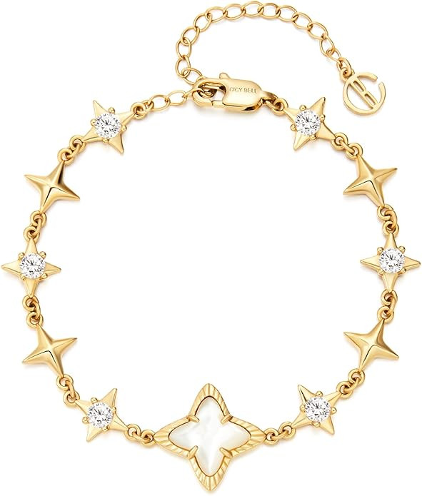 Cicy Bell Womens 18k Gold Plated White Shell Cubic Zirconia Square Cross Adjustable Chain Link Br... | Amazon (US)