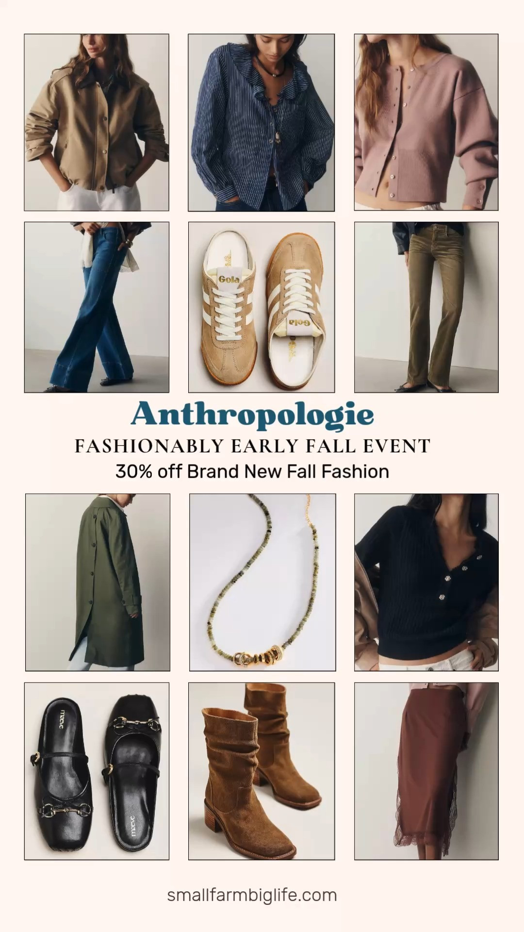 Anthropologie's Fashionably Early Fall Event is here and I am loving all the moody colors, 30% off brand new fall fashion. I know it is still summer and this may be an unpopular opinion, but fall is my favorite season.
I am obsessed with the blue Pilcro Rylan Relaxed High-Rise Flare Jeans paired with the tan Pilcro Cotton Cropped Utility Jacket, and the olive green Pilcro Mid-Rise Straight Leg Corduroy Jeans are such a great transitional piece. The navy and white striped Pilcro Remy Ruffle Collar Buttondown is a closet staple, and I am layering it under the black henley Maeve Lace-Trim Sweater and the dusty rose Daily Practice Crew-Neck Cardigan.
For outerwear, the olive green Avec Les Filles Long Trench Coat is gorgeous, and the brown By Anthropologie Lace Trim Midi Skirt is perfect for early fall dressing. On my feet, I am loving the light brown suede Kelsi Dagger Griffin Scrunch Boots, the black Maeve Horsebit Mule Flats, and the tan Gola Elan Mule Sneakers. I am finishing every look with the green linked gold Ring Beaded Necklace.
Shop all of my favorites from this event linked in this post, 30% off right now! 

 #LTKootd #LTKOver40 #LTKSaleAlert