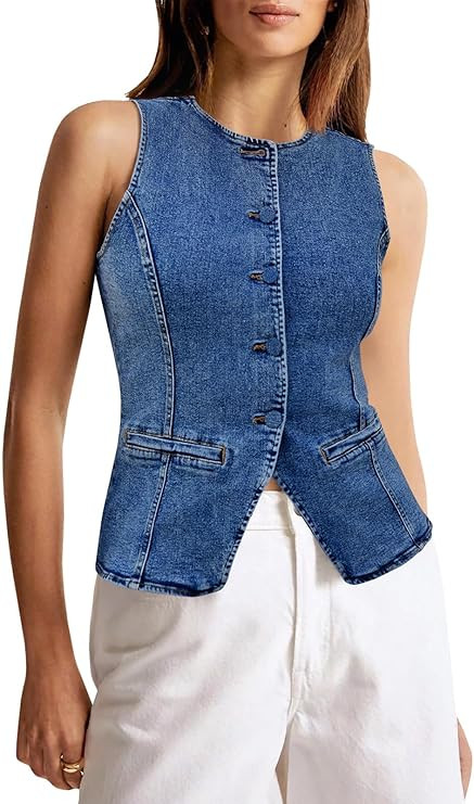 Tankaneo Womens Button Down Denim Vest Tops Sleeveless Fitted Jean Tank Tops Summer Trendy Casual... | Amazon (US)