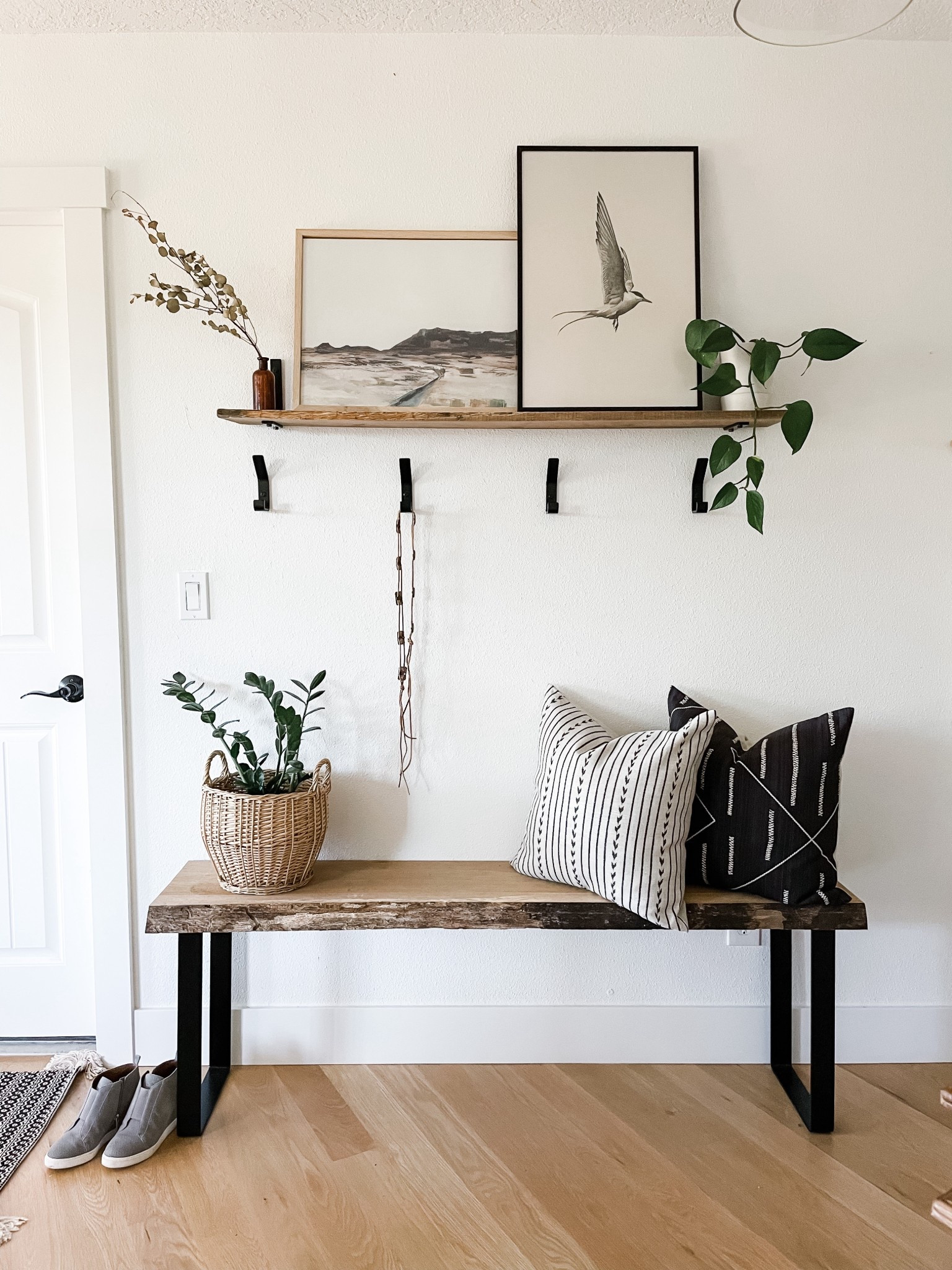 Easy entryway equation= shelf + hooks + bench. 

Instantly turns any space into a functional entry drop off area. I made this bench, but a similar style is easy to find. I tagged one here.

#LTKHome