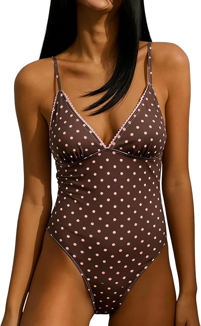 One Piece Polka Dot Swimsuit for Women Deep V-Neck Full Coverage Bathing Suits Ruffle Trim Tummy ... | Amazon (US)