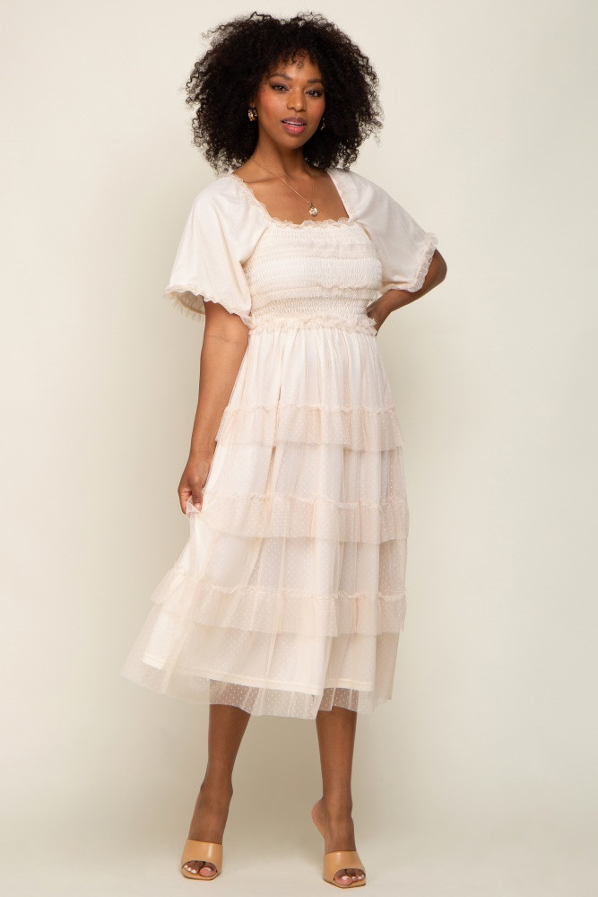 Cream Dot Smocked Ruffle Tiered Midi Dress | PinkBlush Maternity