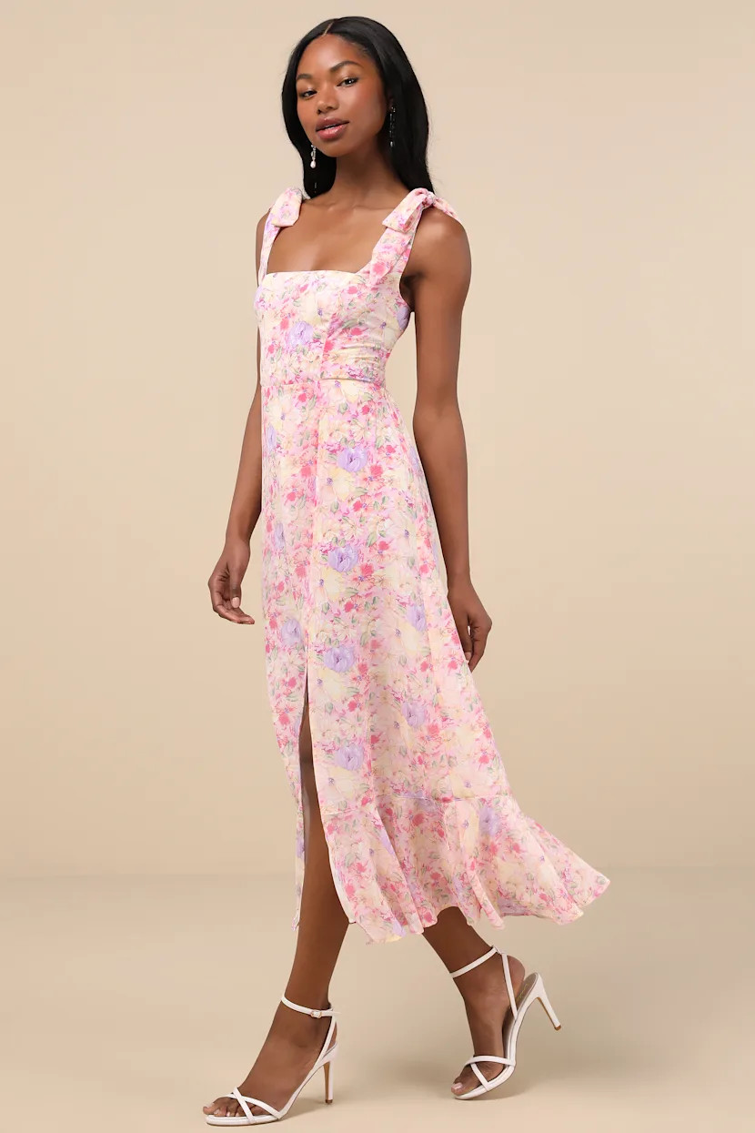 Summer Invite Pink Multi Floral Tie-Strap Tiered Midi Dress | Lulus