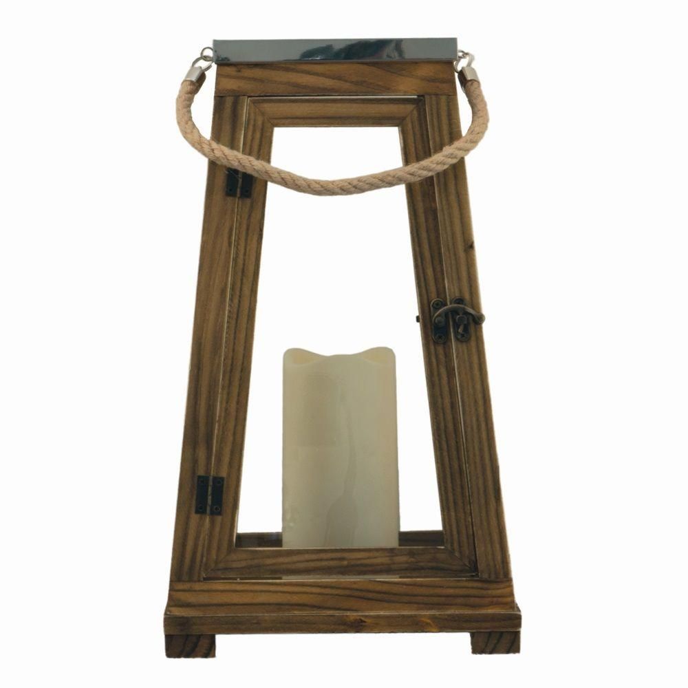 Smart Design Newport 15 in. Natural Wood Lantern with Stainless Steel Top | The Home Depot