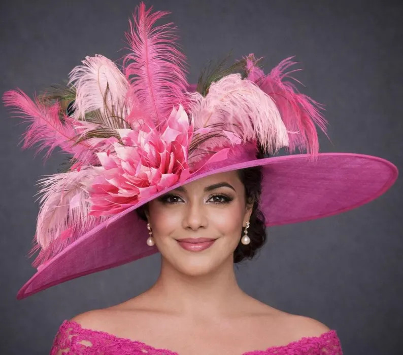 Fuchsia Pink Kentucky Derby Hat, Wide Brim Derby Hat With Feathers, Statement Ascot Hat, Oaks Day... | Etsy (US)