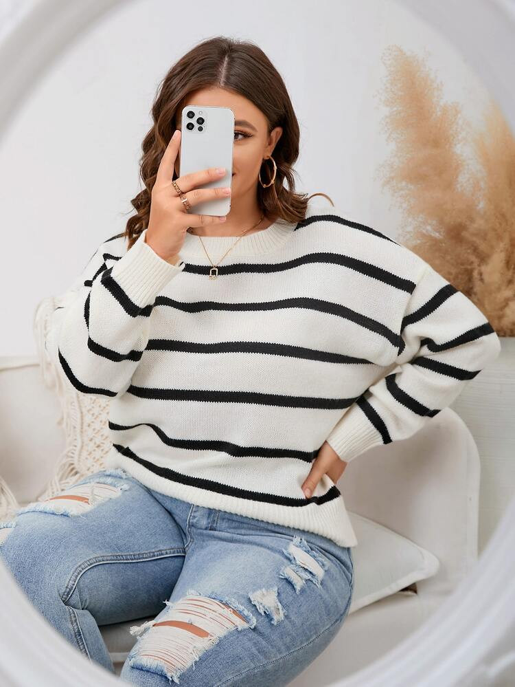 Plus Striped Pattern Drop Shoulder Sweater | SHEIN