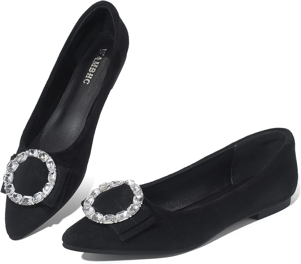 Flats Shoes Women Comfort Pointed Toe Suede Dress Shoes Cute Rhinestones Work Flat Shoe Slip On C... | Amazon (US)