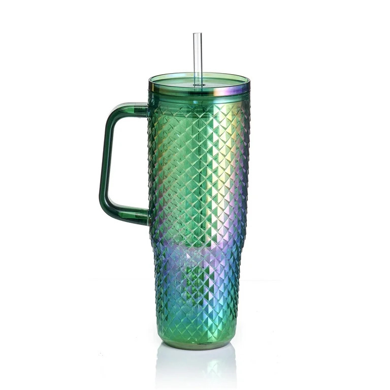 Mainstays 30oz Textured Tumbler with Straw and Handle, Diamond Iridescent Green, 30oz, Plastic Do... | Walmart (US)
