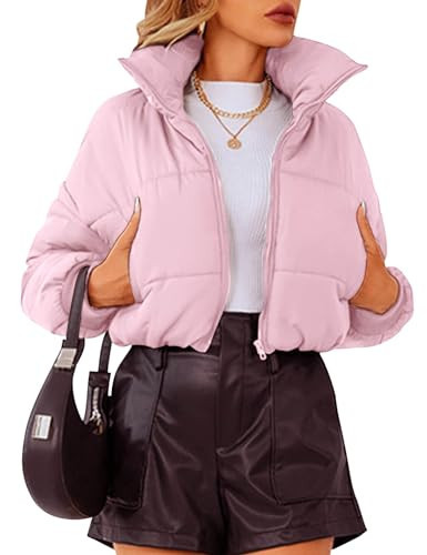 Flygo Cropped Puffer Jacket Womens Lightweight Long Sleeve Zip Up Winter Coats Quilted Jackets(Pink-S) | Amazon (US)