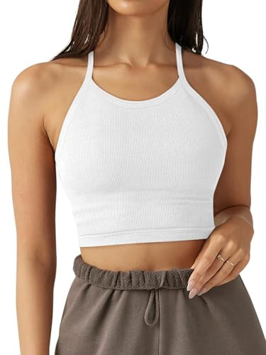 LASLULU Womens Seamless Sports Bra Y Back Ribbed Longline Racerback Low Impact Adjustable Spaghetti Thin Strap Workout Yoga Bra(White-Seamless Large) | Amazon (US)