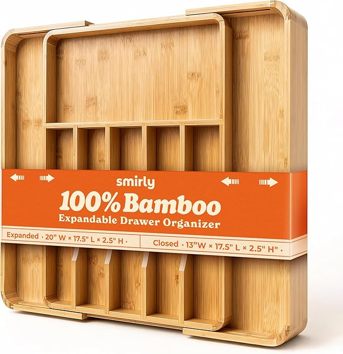 SMIRLY Silverware Drawer Organizer – Bamboo Kitchen Drawer Organizer, Adjustable Utensil Holder... | Amazon (US)