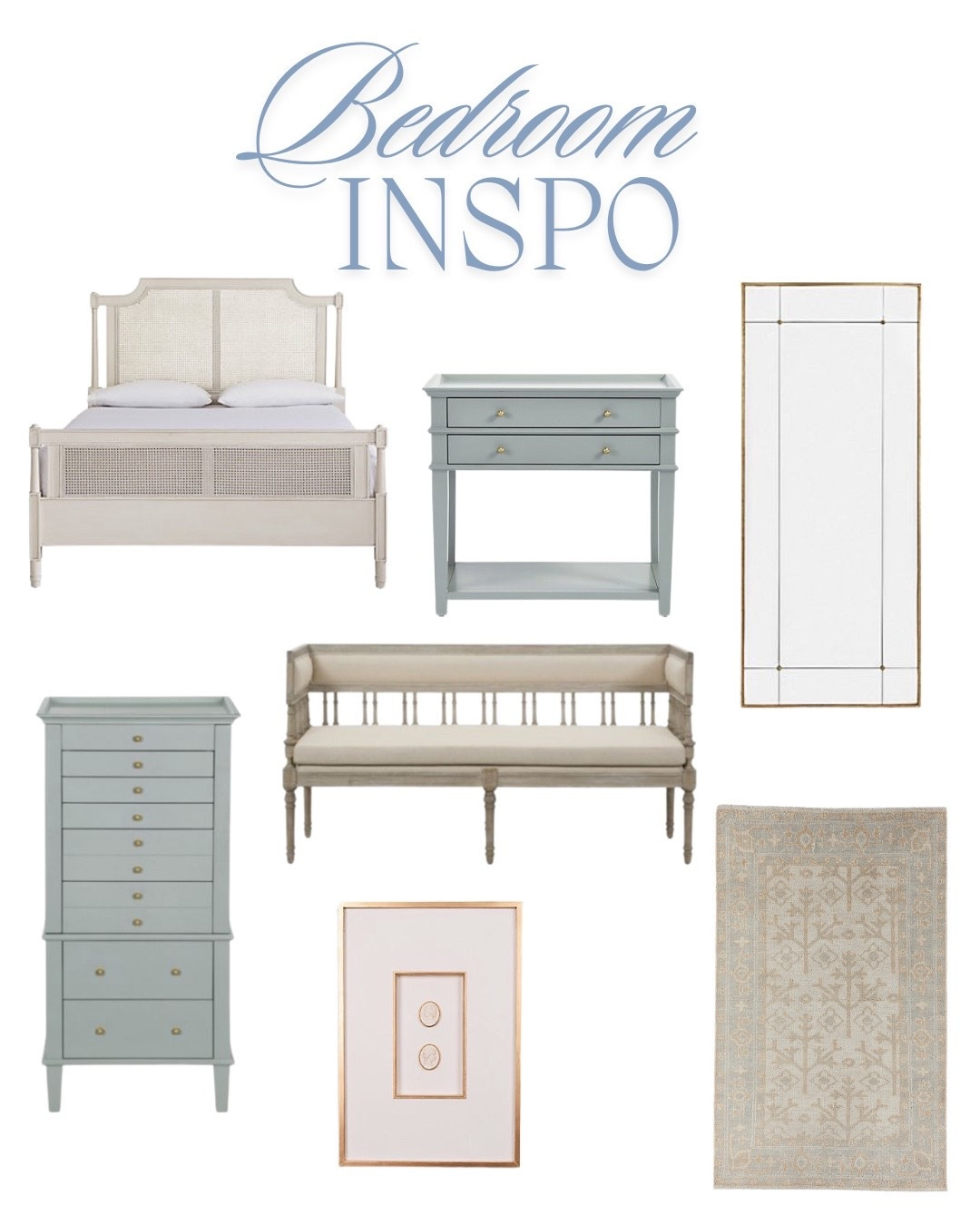 Beautiful blue bedroom, inspiration
Classic style, decor, sale, blue, and white, bench, mirror, rug, intaglio, framed art, blue furniture, nightstand, chest 

#LTKHome #LTKSaleAlert #LTKFindsUnder100