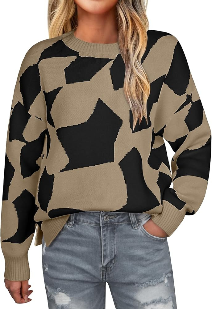 ECOWISH Women Crewneck Pullover Sweater: Fall Winter Long Sleeve Casual Ribbed Knit Side Slit Col... | Amazon (US)