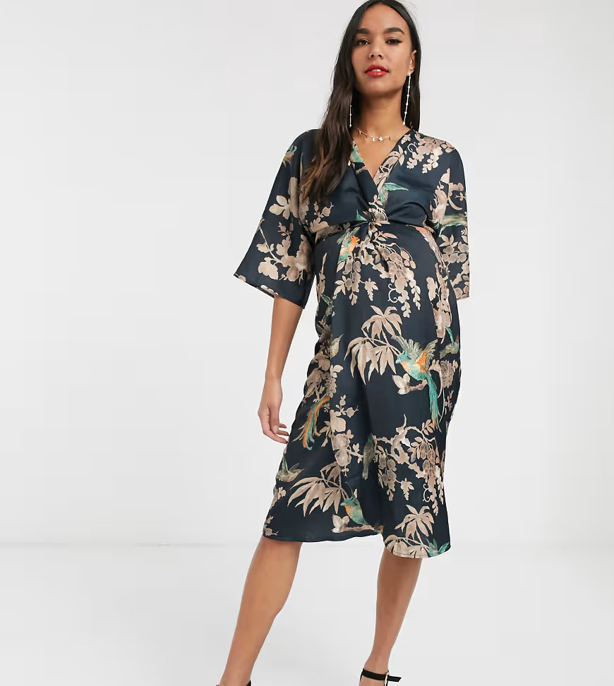 Hope & Ivy Maternity kimono wrap dress in blue floral-Multi | ASOS (Global)