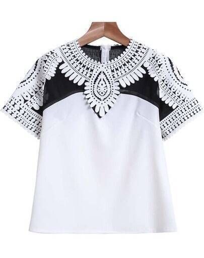 White Short Sleeve Floral Crochet Crop T-Shirt | SHEIN