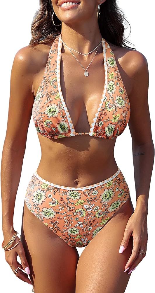 ZAFUL 2 Piece Bikini Sets Halter High Waisted Bathing Suits Sexy Ethnic Embroidery Swimsuits | Amazon (US)