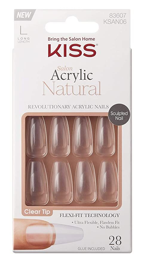 Kiss Salon Acrylic Natural 28 Count Nails Clear Long Length (Pack of 2) | Amazon (US)