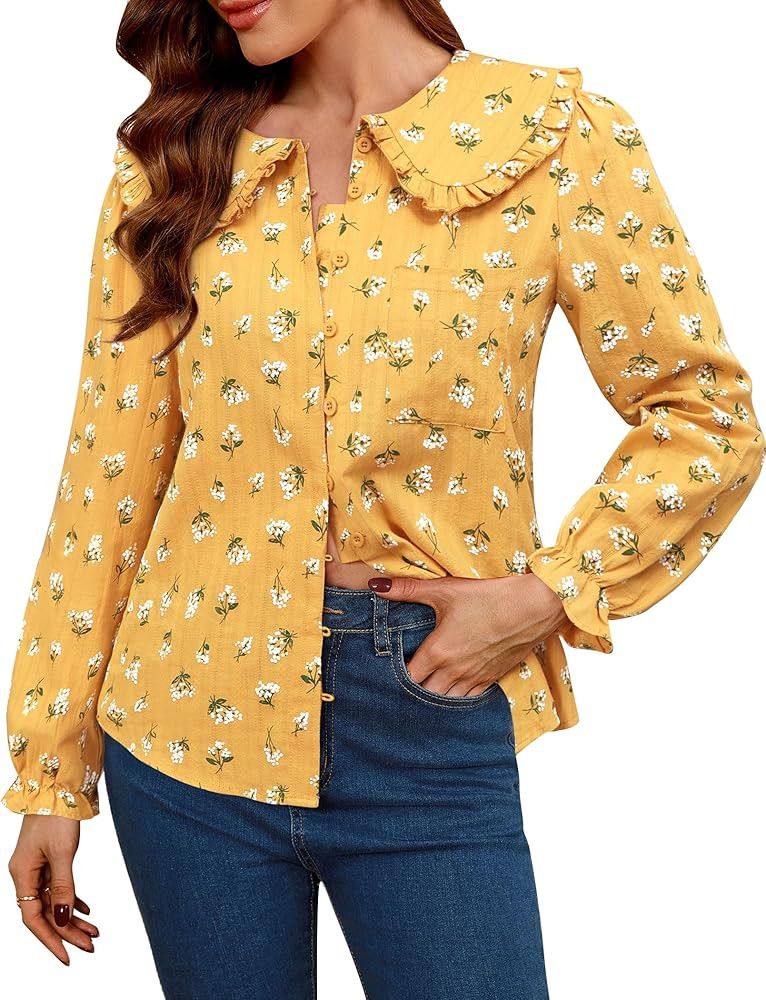 Women Spring Long Sleeve Shirts Peter Pan Collar Button Down Puff Sleeve Blouse Lightweight Casua... | Amazon (US)