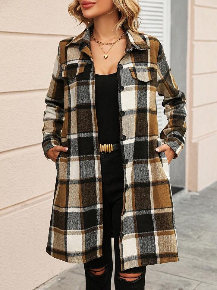 SHEIN LUNE Plaid Print Flap Detail Button Front Coat | SHEIN