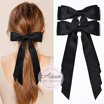 2PCS Silky Satin Hair Bows Hair Clip Black Hair Ribbon Ponytail Holder Accessories Slides Metal C... | Amazon (US)