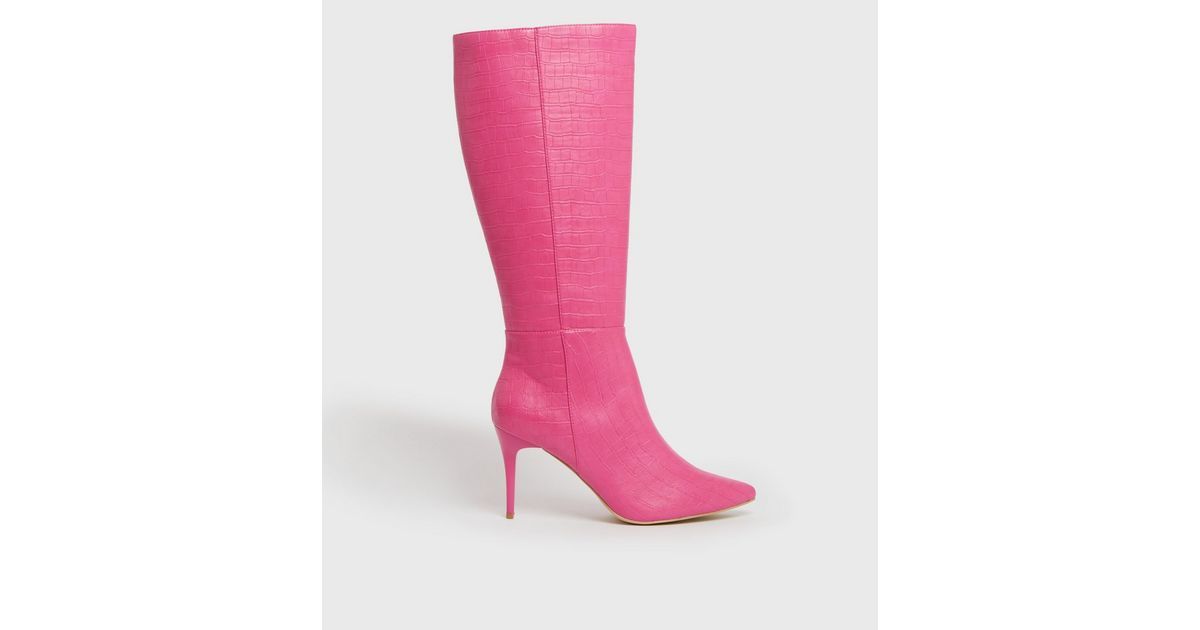 Bright Pink Faux Croc Stiletto Knee High Boots | New Look | New Look (UK)