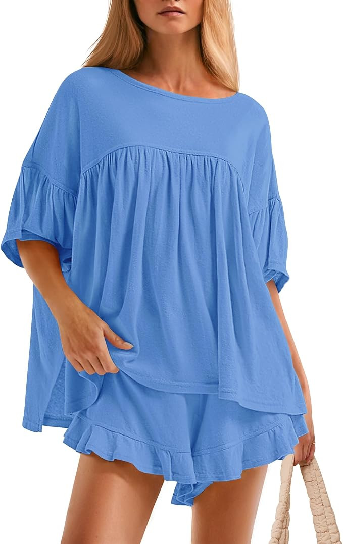 ZESICA Women's Summer 2 Piece Outfits 2025 Ruffle Short Sleeve Tops and Shorts Casual Loose Overs... | Amazon (US)
