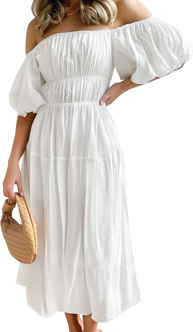 ZESICA Women's 2023 Sexy Boho Off Shoulder Puff Short Sleeve High Waist Ruffled Flowy A Line Beac... | Amazon (US)