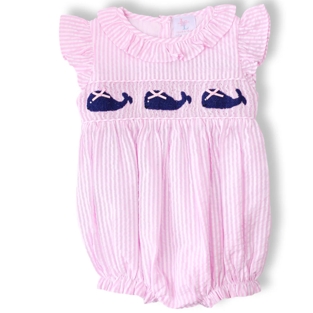 Pink Seersucker Whale Smocked Bubble with Navy Whales | Lillie & Lilah