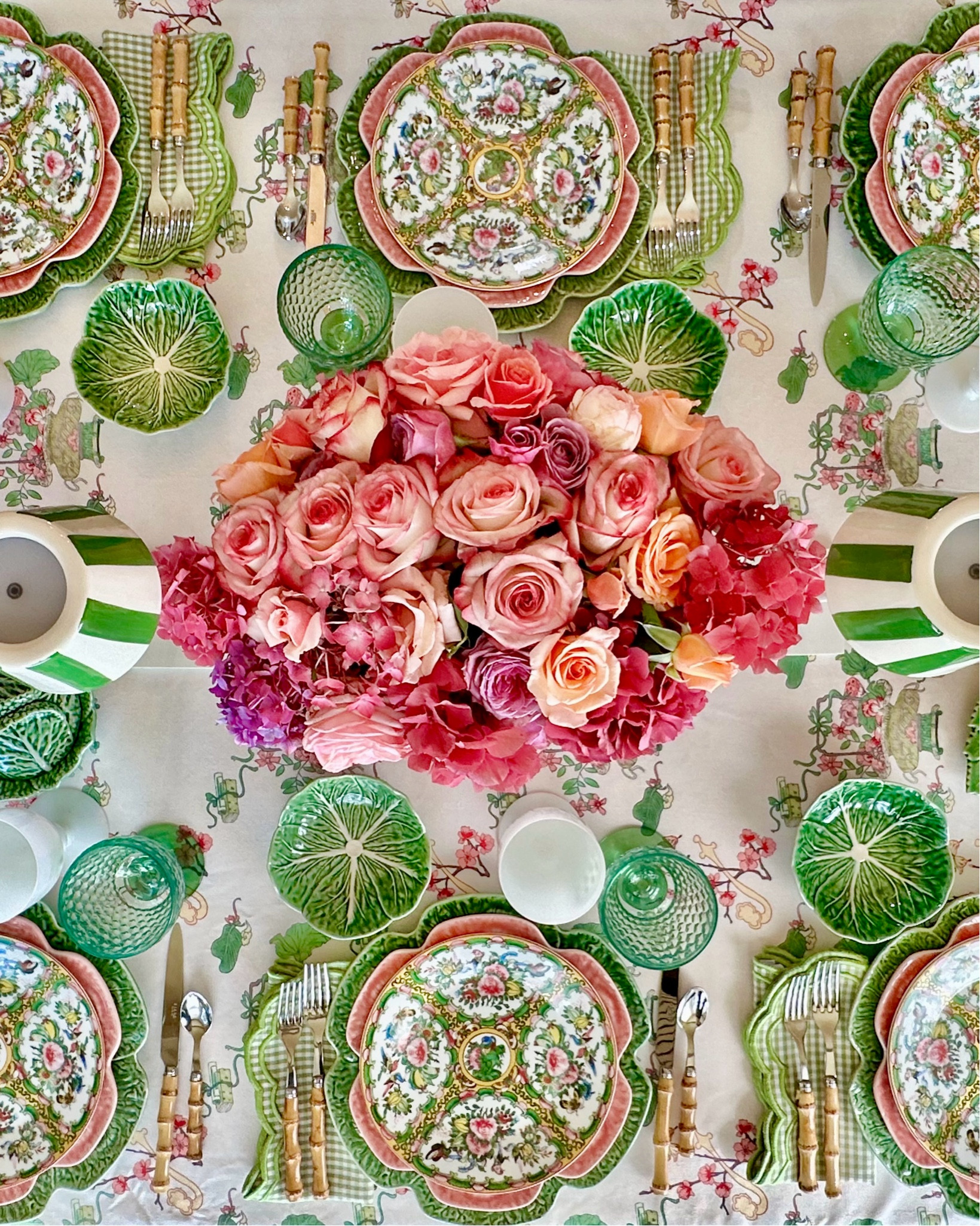 Table featuring Famille Rose plates and cabbageware. Tablecloth available at  www.nabisfabric.com
Cabbageware cabbage plates Bordallo Pinheiro Williams Sonoma grand millennial tablescape 

#LTKParties #LTKHome