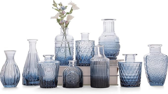 Blue Glass Bud Vase Set of 10 - Small Vases for Flowers, Bud Vases in Bulk, Cute Glass Vases for ... | Amazon (US)