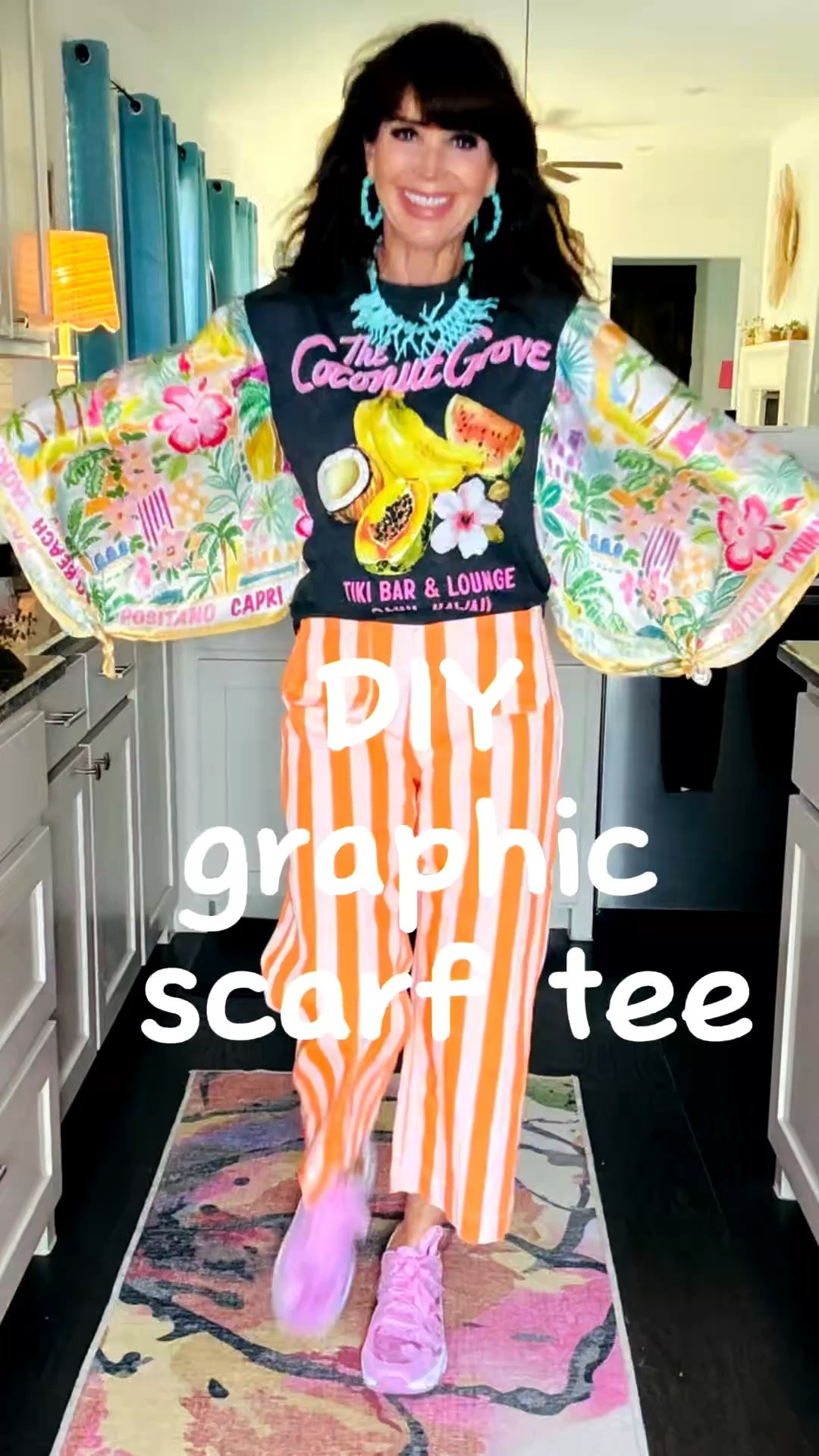 Let’s transform a cute cheery graphic tee into a super fun springy top!!  For this one I just used one 35x35 scarf and cut it in half.  I tied the ends in a knot and knotted the bottom sides of the tee as well!  Turned out so fun!! 🤩 

#LTKU #LTKOver40 #LTKootd