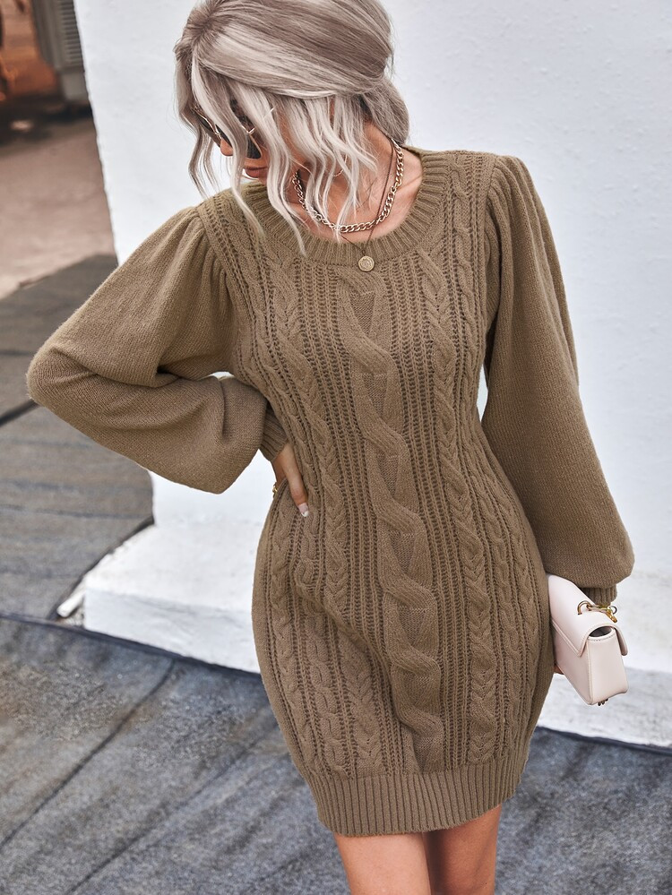 Lantern Sleeve Cable Knit Sweater Dress Without Belt | SHEIN