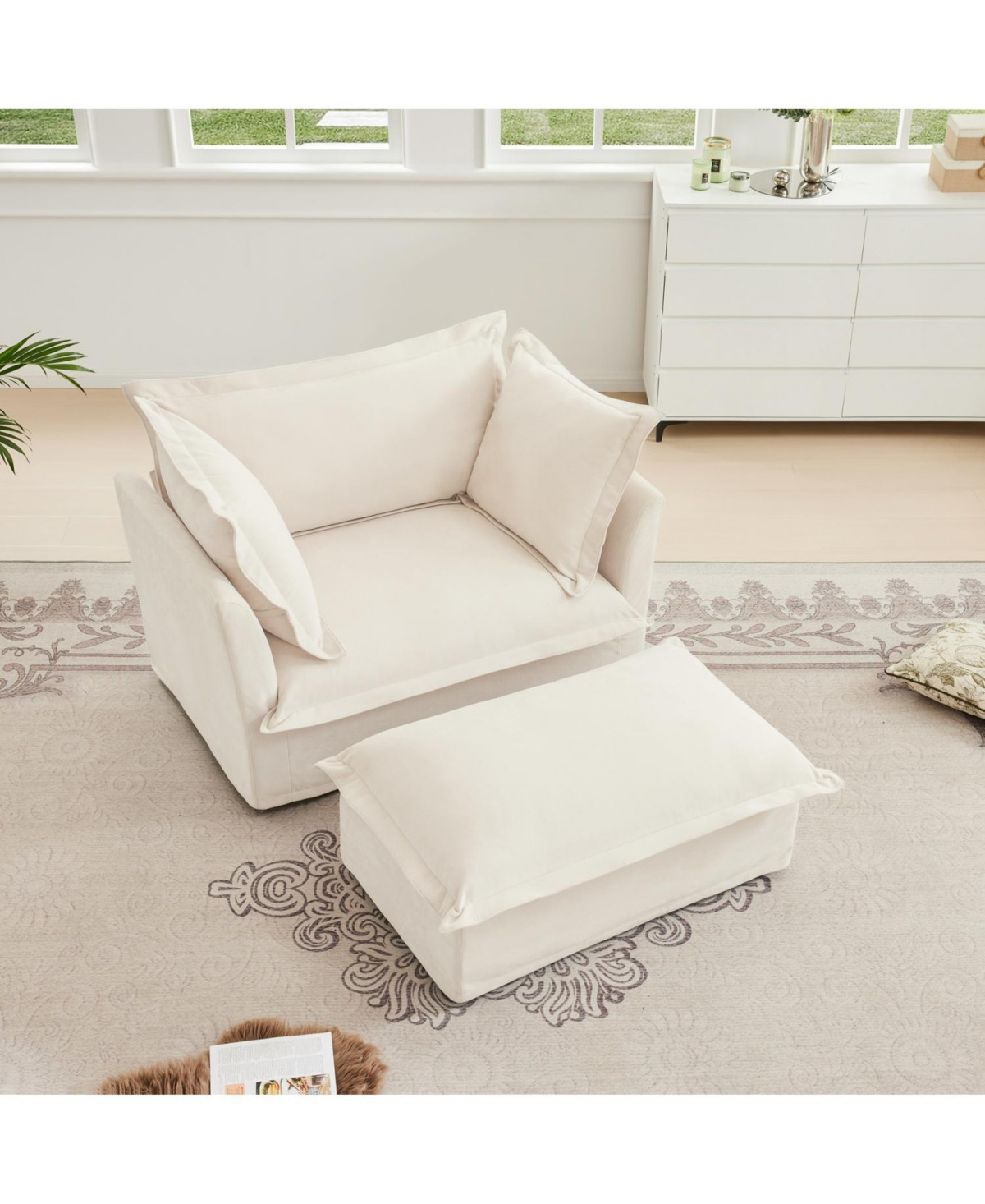 Streamdale Upholstered Armchair with Ottoman & Pillows (Set of 2) - Cream | Macy's