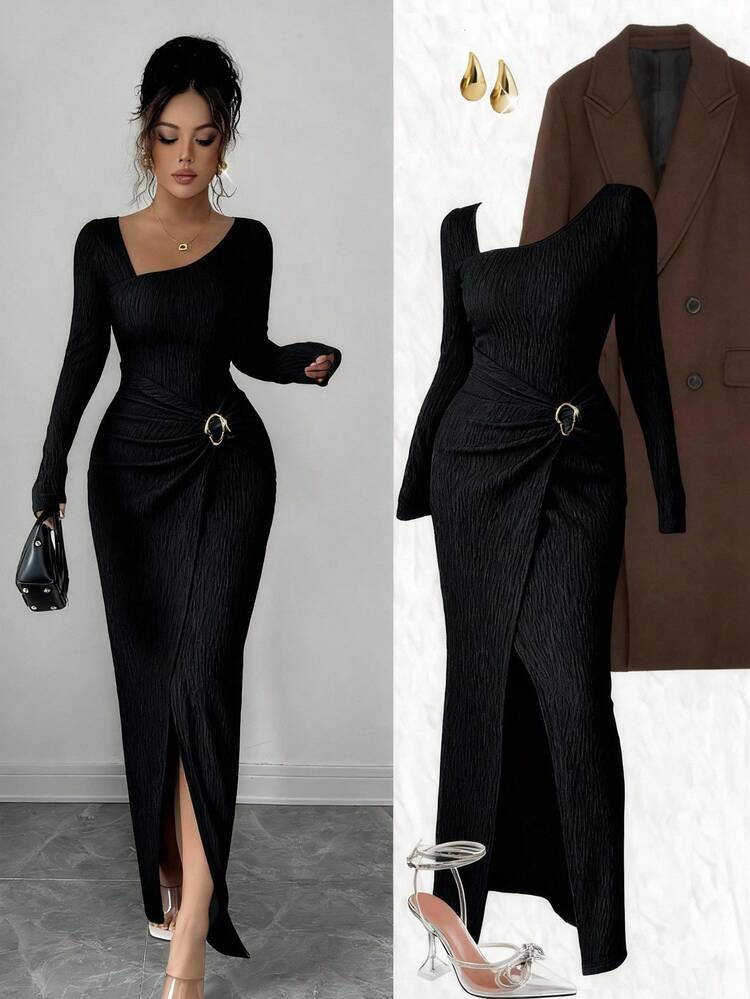 Elenzga Women's Solid Color Fashion Solid Color Twisted Long Dress ,Asymmetrical -Neck Knitted Texture Tight Bodycon, Twisted And Slit Design Dress,Classy Outfits For Women,Fall Women Clothes,Winter Modest Clothes For Women | SHEIN