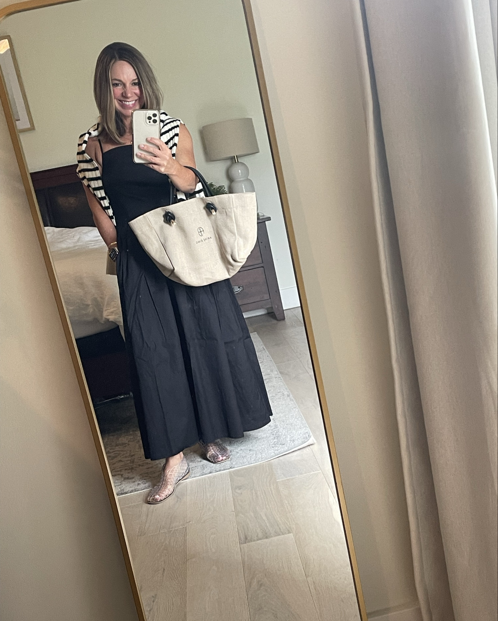 Really loving this dress… another wallet- friendly find for $27! Flattering and chic square neck, adjustable straps, pockets and great length for petites (midi style fits full length on me). Fit tts - wearing XS for ref. Available in all sizes. 
#petite #LTKOver50 

Dress - XS
Jellies - tts
Bag - older, linked similar
Sweater - Old Navy, older


#LTKOver40 #LTKSaleAlert #LTKPetite