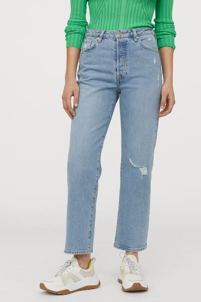 5-pocket, ankle-length jeans in thick, washed denim with heavily distressed details. Extra-high w... | H&M (US + CA)