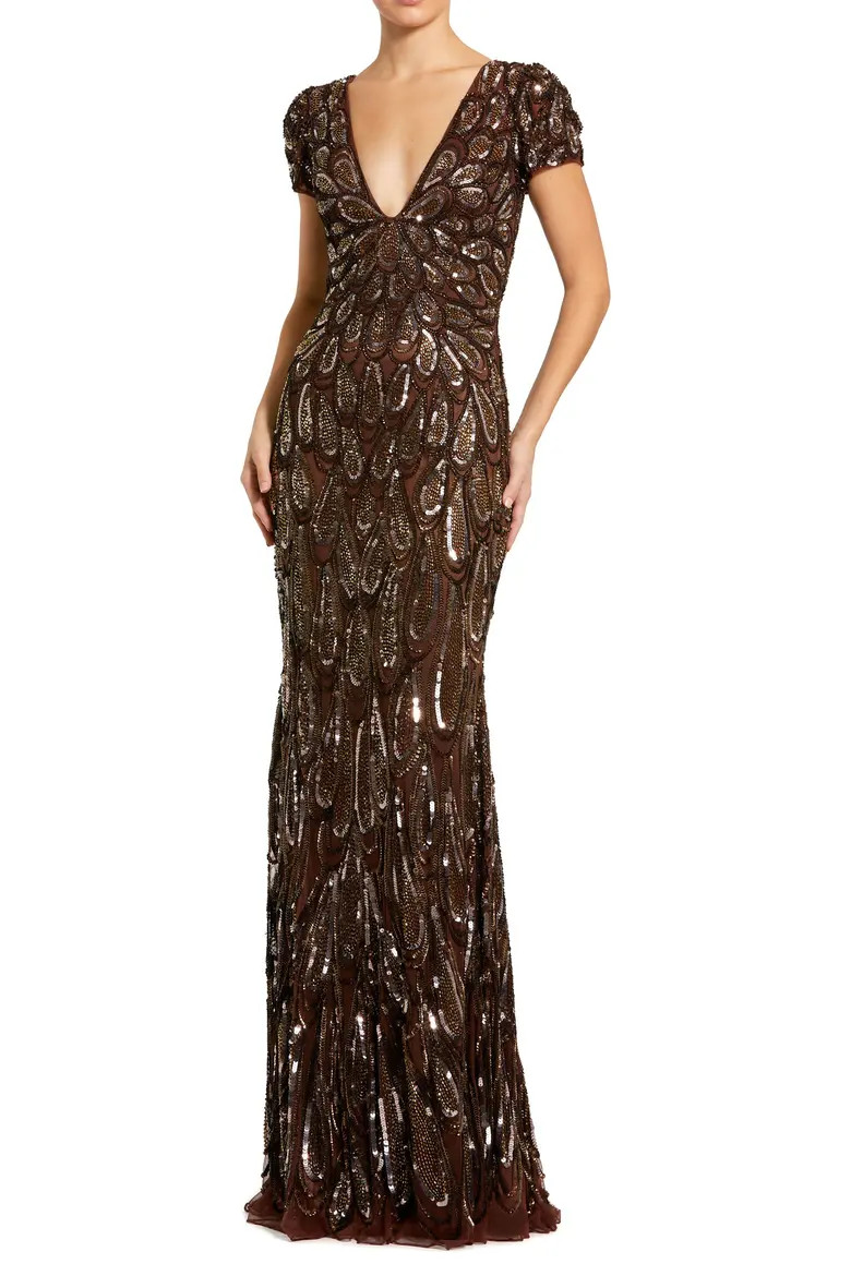 Beaded Embellished V Neck Cap Sleeve Column Gown (Women) | Nordstrom | Nordstrom